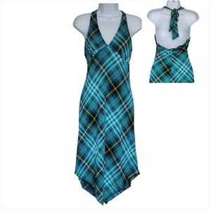 Red Bugs Halter Dress Silk Plaid Blue Teal Backless Large Lightweight Shift Sexy